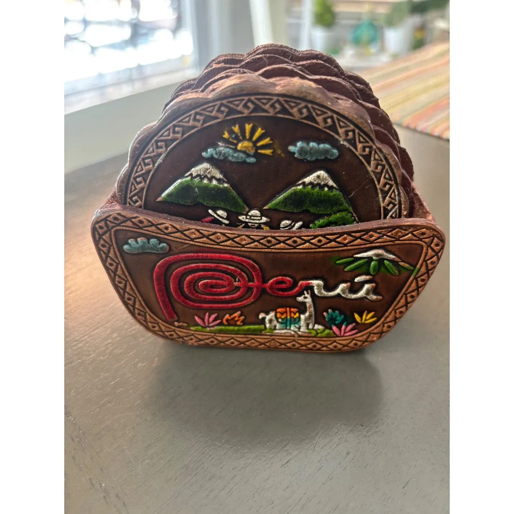 Vintage Peru Hand Painted Tooled Leather Coaster Set of 6 Machu Picchu Cusco